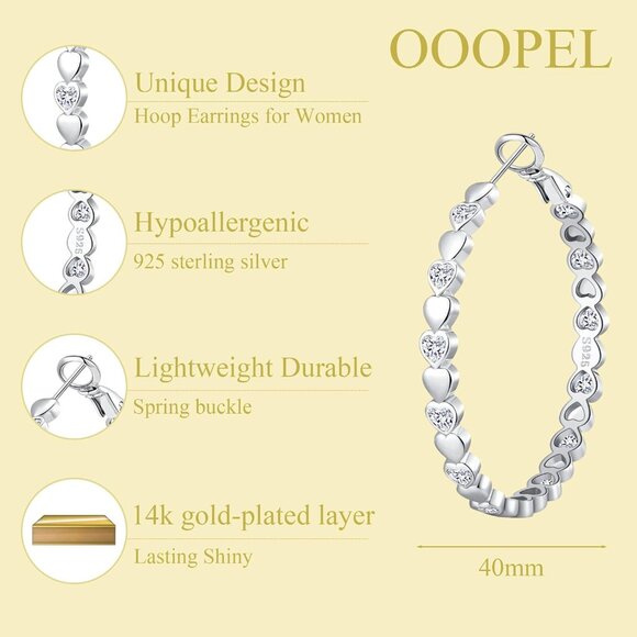 925 Silver-40mm Heart Cubic Zirconia Large Rhinestone Hoop Earrings for Womens - Picture 3 of 7